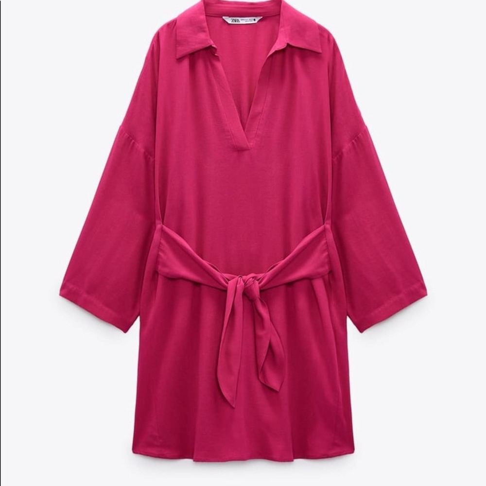 ZARA BLOGGER FAVORITE KNOTTED WAIST MINI DRESS FUCHSIA - Picture 5 of 7